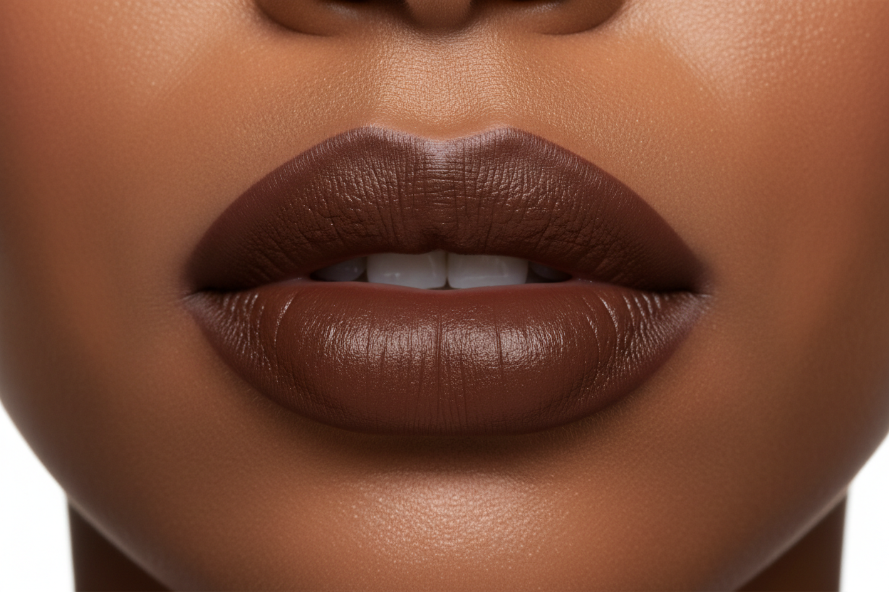 dark brown lipstick on lips deep skin complexion white background